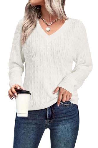 Arach&Cloz Pullover Damen Langarm Strickpullover Herbst Winter V Ausschnitt Tops Casual Oberteile Sweater Pulli (Off White,L) von Arach&Cloz