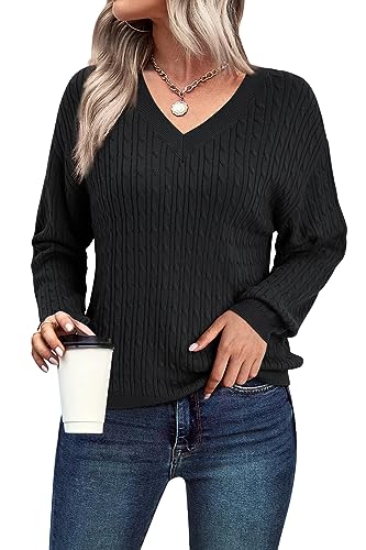 Arach&Cloz Pullover Damen Langarm Strickpullover Herbst Winter V Ausschnitt Tops Casual Oberteile Sweater Pulli (Schwarz,L) von Arach&Cloz