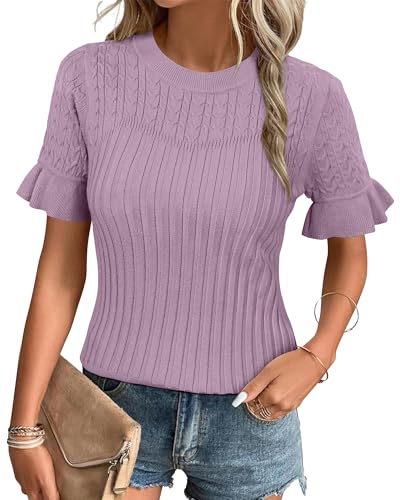 Arach&Cloz Pullover Damen Sommer Kurzarm Strickpullover Rundhals Casual Leicht Strickpulli Top, L von Arach&Cloz