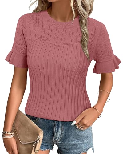 Arach&Cloz Pullover Damen Sommer Kurzarm Strickpullover Rundhals Casual Leicht Strickpulli Top, S von Arach&Cloz