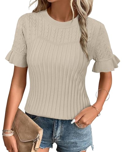 Arach&Cloz Pullover Damen Sommer Kurzarm Strickpullover Rundhals Casual Leicht Strickpulli Top, S von Arach&Cloz