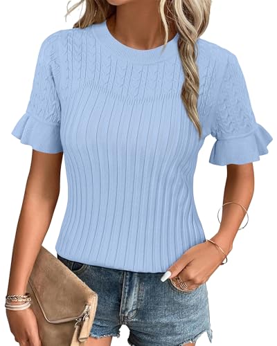 Arach&Cloz Pullover Damen Sommer Kurzarm Strickpullover Rundhals Casual Leicht Strickpulli Top, XXL von Arach&Cloz