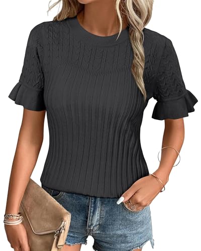 Arach&Cloz Pullover Damen Sommer Kurzarm Strickpullover Rundhals Casual Leicht Strickpulli Top Schwarz, S von Arach&Cloz