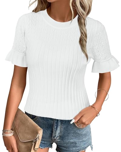Arach&Cloz Pullover Damen Sommer Weiß Kurzarm Strickpullover Rundhals Casual Leicht Strickpulli Top, L von Arach&Cloz