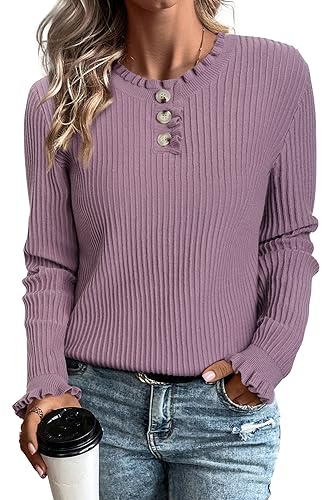 Arach&Cloz Pullover Damen Strickpullover Herbst Winterpullover Casual Winter Warm Strickpulli Sweater (Grey Purple,L) von Arach&Cloz