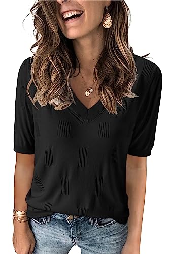 Arach&Cloz Pullover Damen V Ausschnitt Kurzarm Elegant Frühling Sommer Strickpullover Basic Oberteile Sweatshirt (Black, Large) von Arach&Cloz