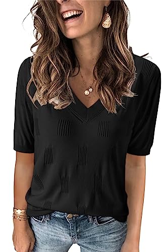 Arach&Cloz Pullover Damen Kurzarm V Ausschnitt Sommer Frühling Bluse Strickpullover Basic Oberteile Strick Tops (Schwarz, Large) von Arach&Cloz