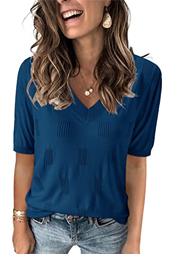 Arach&Cloz Pullover Damen V Ausschnitt Kurzarm Elegant Frühling Sommer Strickpullover Basic Oberteile Sweatshirt (Dark Blue, Small) von Arach&Cloz