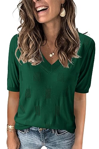 Arach&Cloz Pullover Damen V Ausschnitt Kurzarm Elegant Frühling Sommer Strickpullover Basic Oberteile Sweatshirt (Green 02, Medium) von Arach&Cloz