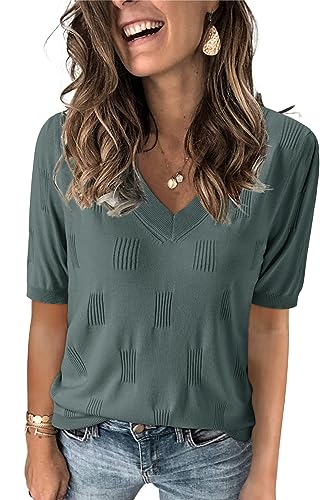 Arach&Cloz Pullover Damen Kurzarm V Ausschnitt Sommer Frühling Bluse Strickpullover Basic Oberteile Strick Tops (Grey Green, Small) von Arach&Cloz