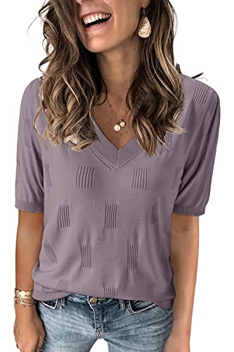 Arach&Cloz Pullover Damen V Ausschnitt Kurzarm Elegant Frühling Sommer Strickpullover Basic Oberteile Sweatshirt (Grey Purple, Small) von Arach&Cloz