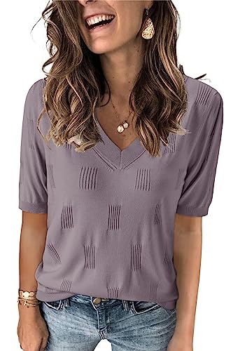 Arach&Cloz Pullover Damen Kurzarm V Ausschnitt Sommer Frühling Bluse Strickpullover Basic Oberteile Strick Tops (Grey Purple, Small) von Arach&Cloz
