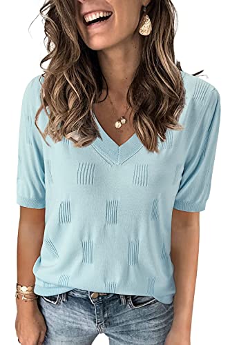 Arach&Cloz Pullover Damen V Ausschnitt Kurzarm Elegant Frühling Sommer Strickpullover Basic Oberteile Sweatshirt (Light Blue, Small) von Arach&Cloz