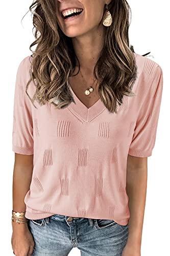 Arach&Cloz Pullover Damen V Ausschnitt Kurzarm Elegant Frühling Sommer Strickpullover Basic Oberteile Sweatshirt (Pink, Medium) von Arach&Cloz