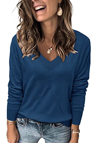 Arach&Cloz Pullover Damen V Ausschnitt Langarm Elegant Frühling Sommer Tops Strickpullover Basic Langarmshirt Blue von Arach&Cloz