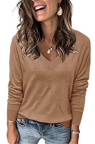 Arach&Cloz Pullover Damen V Ausschnitt Langarm Herbst Winter Strick Tops Strickpullover Langarmshirt Dark Apricot von Arach&Cloz