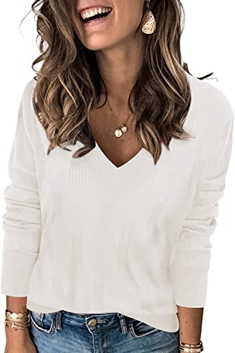 Arach&Cloz Pullover Damen V Ausschnitt Langarm Elegant Frühling Sommer Tops Strickpullover Basic Langarmshirt Off White von Arach&Cloz