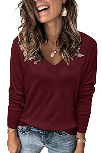 Arach&Cloz Pullover Damen V Ausschnitt Langarm Elegant Frühling Sommer Tops Strickpullover Basic Langarmshirt Purplish Red von Arach&Cloz