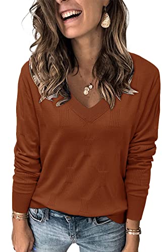 Arach&Cloz Pullover Damen V Ausschnitt Langarm Herbst Winter Strick Tops Strickpullover Langarmshirt Caramel von Arach&Cloz