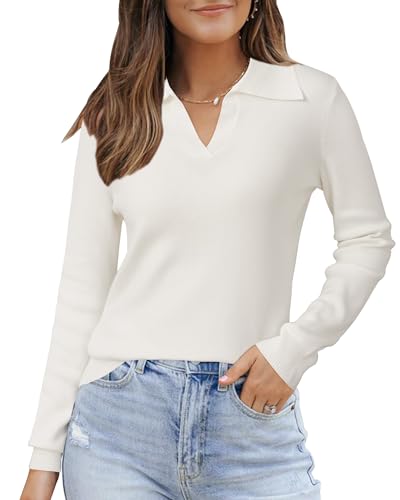 Arach&Cloz Pullover Damen Wolle Blend Herbst Langarm Top Elegant Poloshirt Sweater Winter(Cremefarben, M) von Arach&Cloz