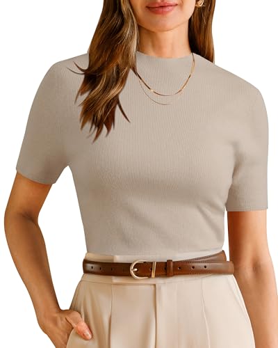 Arach&Cloz Pullover Damen Wolle Blended Seamless Tops Kurzarm Elegante Casual Business Bluse Sommer Herbst Basic Top(Beige, XL) von Arach&Cloz