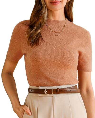 Arach&Cloz Pullover Damen Wolle Blended Seamless Tops Kurzarm Elegante Casual Business Bluse Sommer Herbst Basic Top(Camel, M) von Arach&Cloz