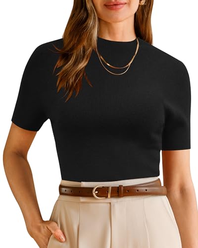 Arach&Cloz Pullover Damen Wolle Blended Seamless Tops Kurzarm Elegante Casual Business Bluse Sommer Herbst Basic Top(Schwarz, M) von Arach&Cloz