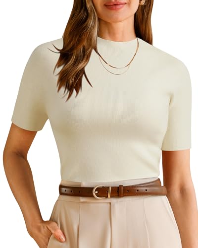 Arach&Cloz Pullover Damen Wolle Blended Seamless Tops Kurzarm Elegante Casual Business Bluse Sommer Herbst Basic White, S von Arach&Cloz