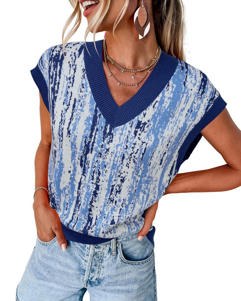 Arach&Cloz Pullunder Arach&Cloz Damen Pulloverwesten bedruckt Strickpullover Wollpullover Mode V-Ausschnitt-Pullover aus Wollmischung Schichtbar von Arach&Cloz