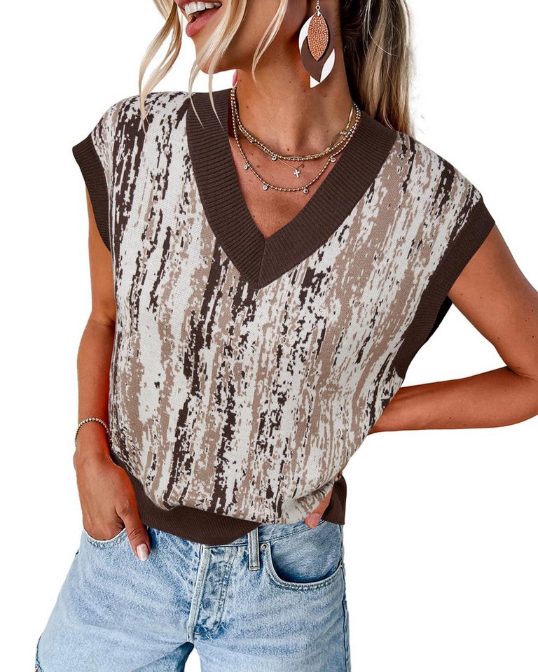 Arach&Cloz Pullunder Arach&Cloz Damen Pulloverwesten bedruckt Strickpullover Wollpullover Mode V-Ausschnitt-Pullover aus Wollmischung Schichtbar von Arach&Cloz