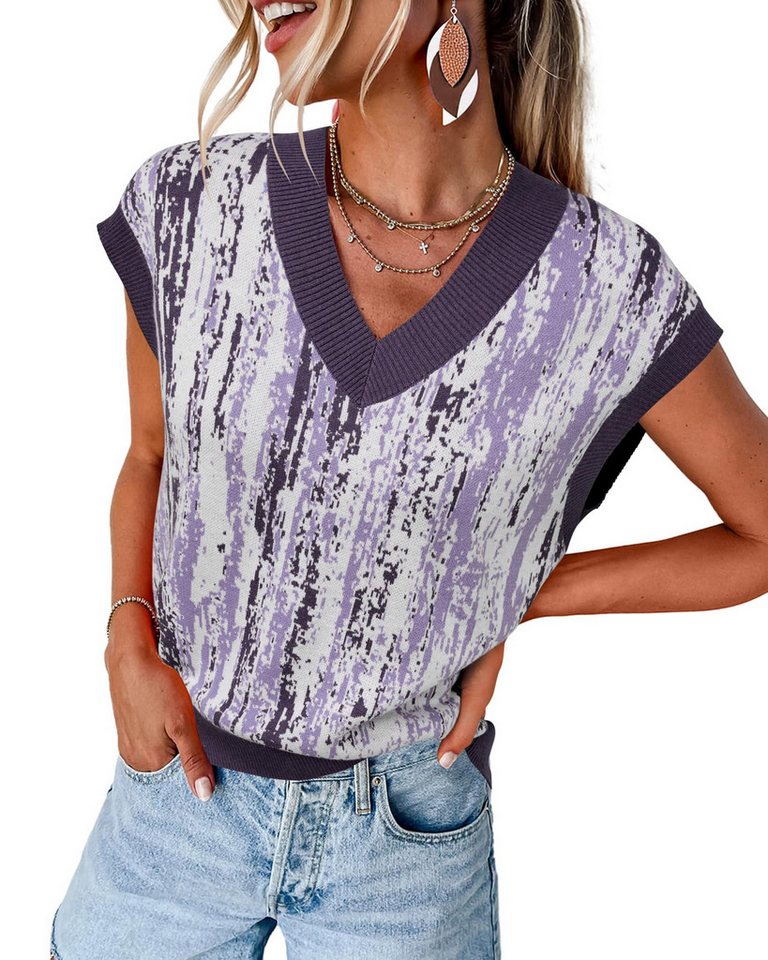 Arach&Cloz Pullunder Arach&Cloz Damen Pulloverwesten bedruckt Strickpullover Wollpullover Mode V-Ausschnitt-Pullover aus Wollmischung Schichtbar von Arach&Cloz