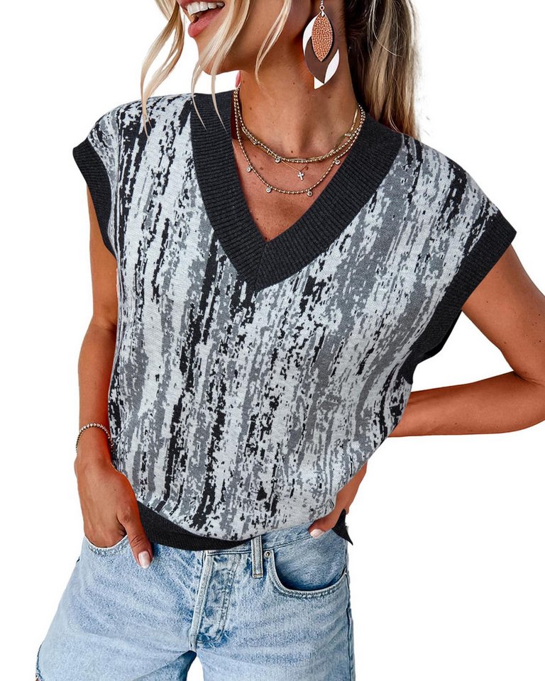 Arach&Cloz Pullunder Arach&Cloz Damen Pulloverwesten bedruckt Strickpullover Wollpullover Mode V-Ausschnitt-Pullover aus Wollmischung Schichtbar von Arach&Cloz