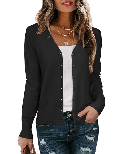 Arach&Cloz Schwarz Strickjacke Damen V Ausschnitt Leichte Cardigan Langarm Solid Top Shrugs mit Knopf(Schwarz,M) von Arach&Cloz