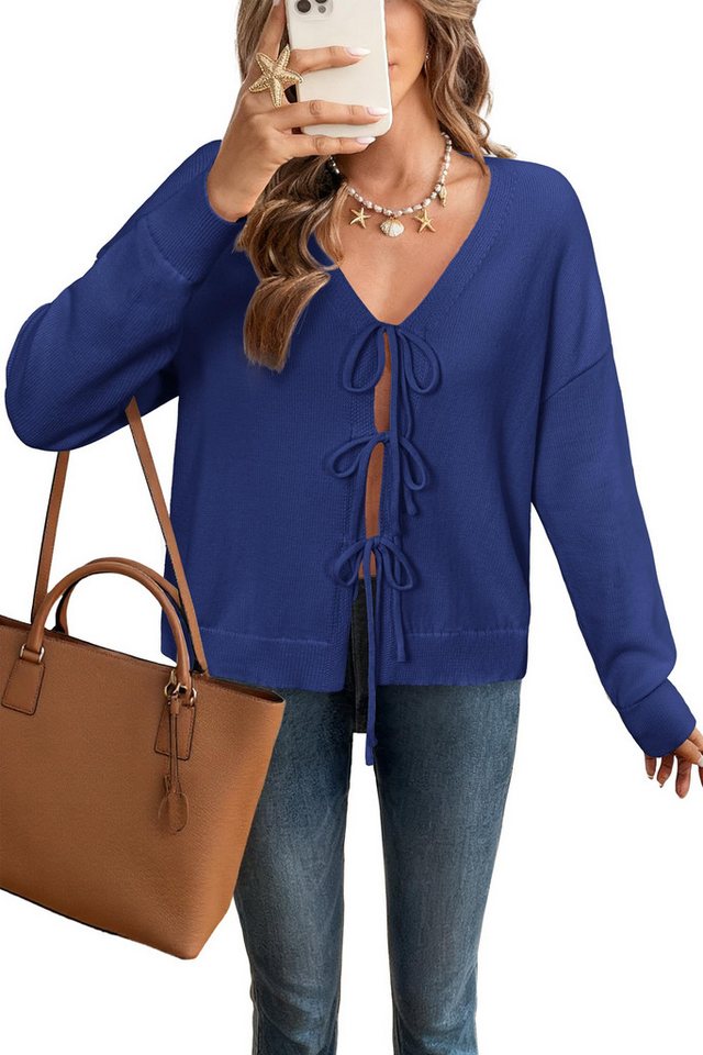 Arach&Cloz Strickjacke Arach&Cloz Damen Strickjacke zum Binden vorne Jackett Strickpullover lange Ärmel gemütlich Baumwolle V-Ausschnitt-Pullover trendig Schleife von Arach&Cloz