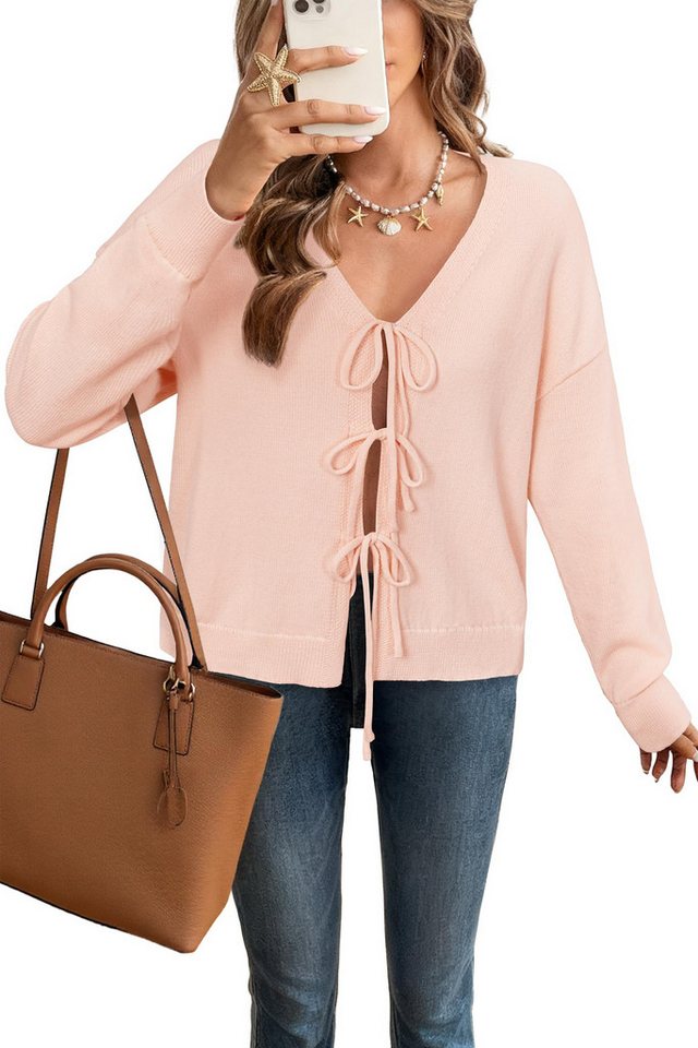 Arach&Cloz Strickjacke Arach&Cloz Damen Strickjacke zum Binden vorne Jackett Strickpullover lange Ärmel gemütlich Baumwolle V-Ausschnitt-Pullover trendig Schleife von Arach&Cloz