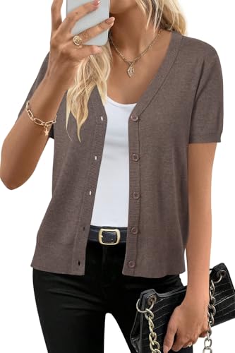 Arach&Cloz Strickjacke Damen Kurzarm V-Ausschnitt Wool Blend Leichte Cardigan Casual mit Knopf Top Sommer Elegant (Coffee, S) von Arach&Cloz