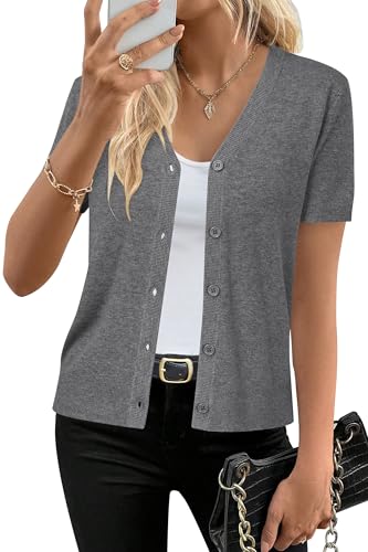 Arach&Cloz Strickjacke Damen Kurzarm V-Ausschnitt Wool Blend Leichte Cardigan Casual mit Knopf Top Sommer Elegant (Dark Gray, M) von Arach&Cloz