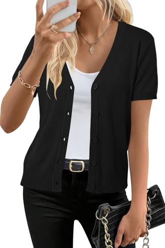 Arach&Cloz Strickjacke Damen Kurzarm V-Ausschnitt Wool Blend Leichte Cardigan Casual mit Knopf Top Sommer Elegant (Schwarz, L) von Arach&Cloz