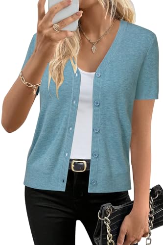 Arach&Cloz Strickjacke Damen Kurzarm V-Ausschnitt Wool Blend Leichte Cardigan Casual mit Knopf Top Sommer Elegant (Steel Blue, L) von Arach&Cloz