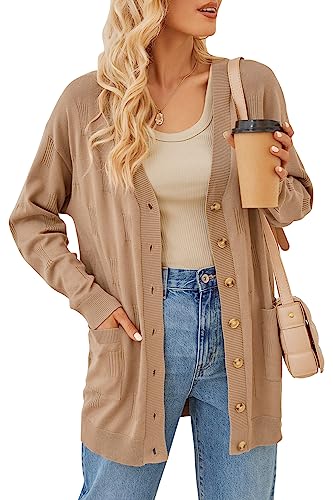 Arach&Cloz Strickjacke Damen Lang Cardigan Leichte Strickmantel Longstrickjacke Open Front Knöpfe mit Taschen (Dark Apricot,S) von Arach&Cloz