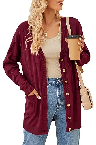 Arach&Cloz Strickjacke Damen Lang Cardigan Leichte Strickmantel Longstrickjacke Open Front Knöpfe mit Taschen (Wine,S) von Arach&Cloz