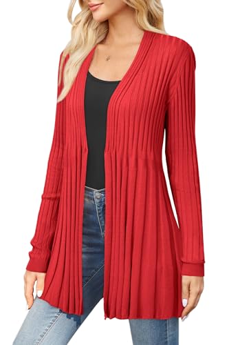 Arach&Cloz Strickjacke Damen Lang Wolle Blend Wasserfall Cardigan Langarm V-Ausschnitt Strickmantel mit Knopf Red, XL von Arach&Cloz