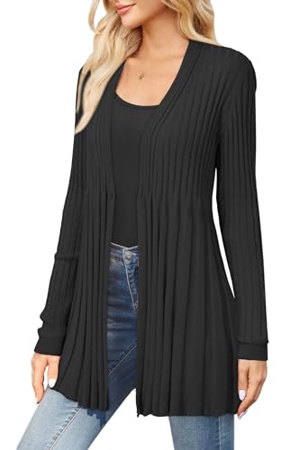 Arach&Cloz Strickjacke Damen Lang Wolle Blend Wasserfall Cardigan Langarm V-Ausschnitt Strickmantel mit Knopf Schwarz, L von Arach&Cloz