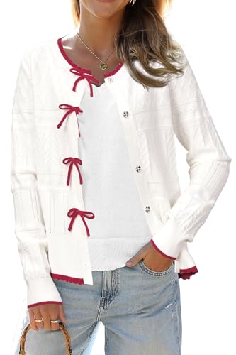 Arach&Cloz Strickjacke Damen Herbst Langarm Cardigan Elegant Winterpullover mit Schleifen Open Front White red L von Arach&Cloz