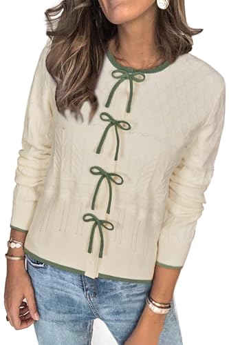 Arach&Cloz Strickjacke Damen Herbst Langarm Cardigan Elegant Winterpullover mit Schleifen Open Front Off-White M von Arach&Cloz