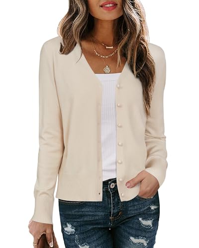 Arach&Cloz Strickjacke Damen V Ausschnitt Leichte Cardigan Langarm Solid Top Shrugs mit Knopf(Apricot,L) von Arach&Cloz