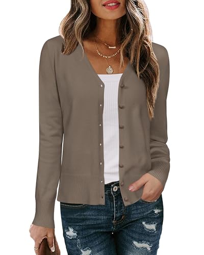 Arach&Cloz Strickjacke Damen V Ausschnitt Leichte Cardigan Langarm Solid Top Shrugs mit Knopf(Coffee,XL) von Arach&Cloz