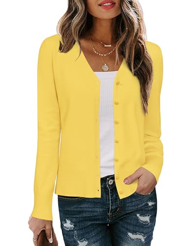 Arach&Cloz Strickjacke Damen V Ausschnitt Leichte Cardigan Langarm Solid Top Shrugs mit Knopf(Gelb,M) von Arach&Cloz