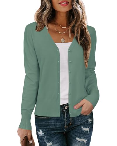 Arach&Cloz Strickjacke Damen V Ausschnitt Leichte Cardigan Langarm Solid Top Shrugs mit Knopf(Green,L) von Arach&Cloz