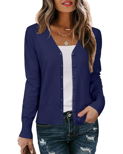 Arach&Cloz Strickjacke Damen V Ausschnitt Leichte Cardigan Langarm Solid Top Shrugs mit Knopf(Navy,M) von Arach&Cloz